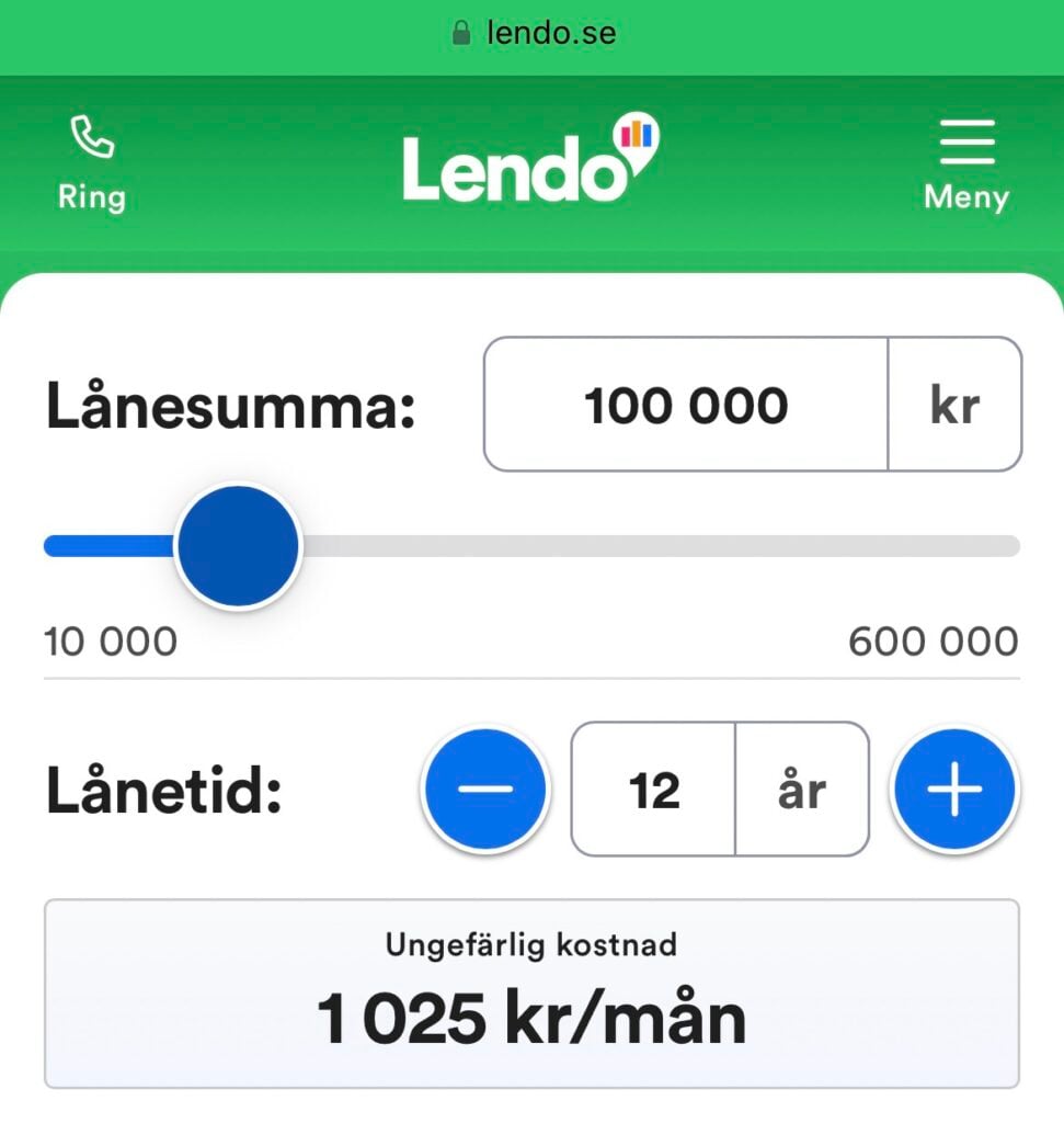 Låna 100 000 kr utan säkerhet hos Lendo