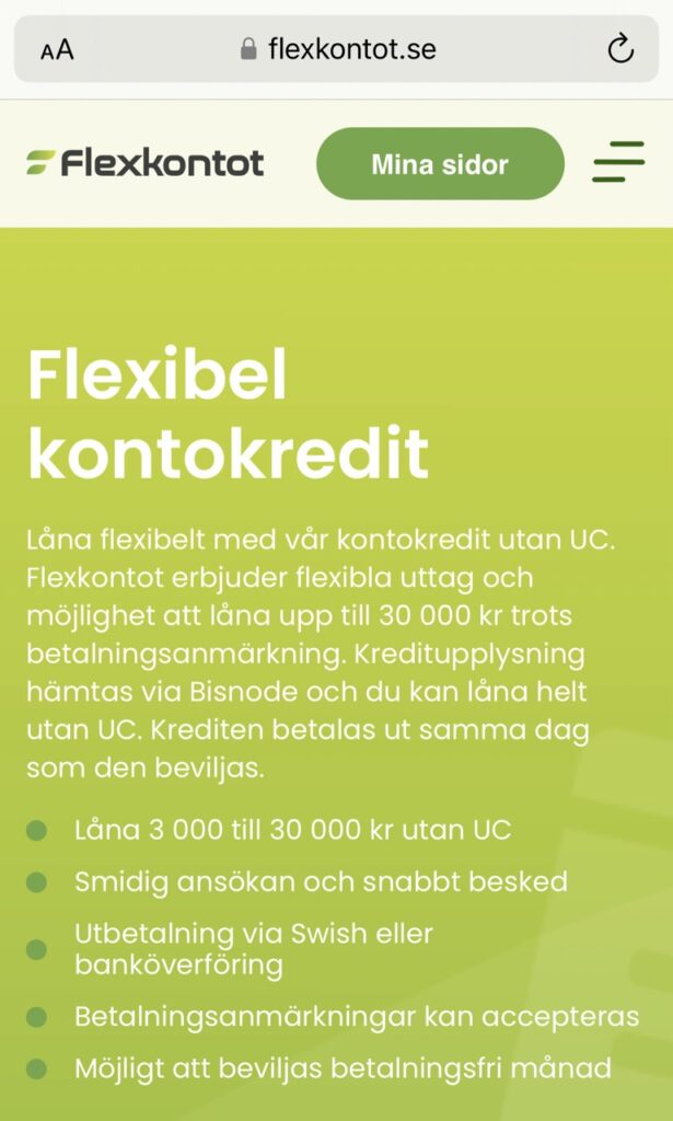 Låna 30000 kr utan UC med Bisnode hos Flexkontot