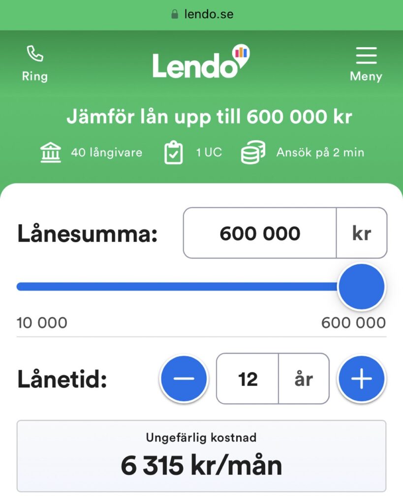 Låna 600 000 kr hos Lendo