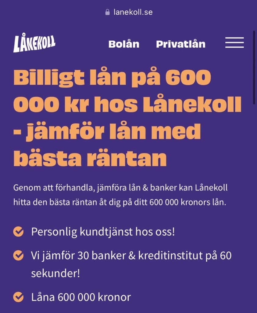 Ett privatlån 600 000 kr hos Lånekoll