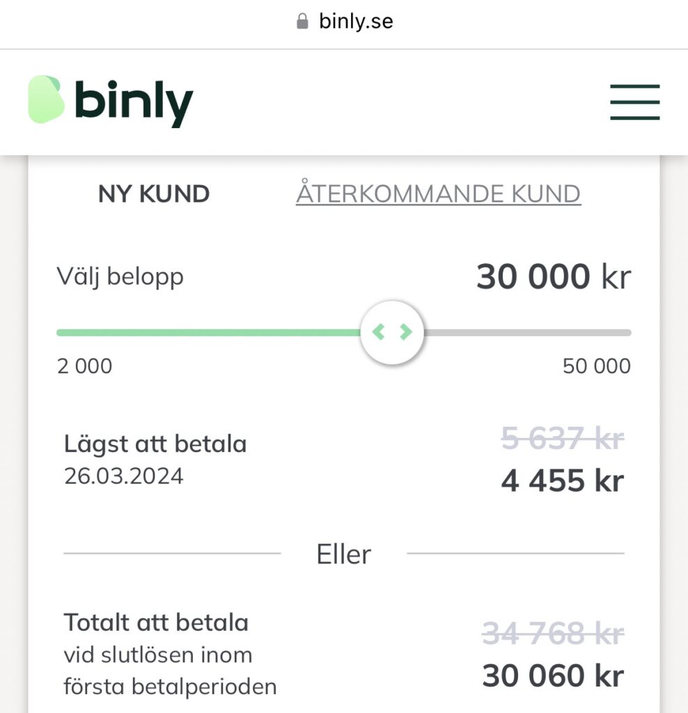 Låna 30 000 kr med direktutbetalning hos Binly