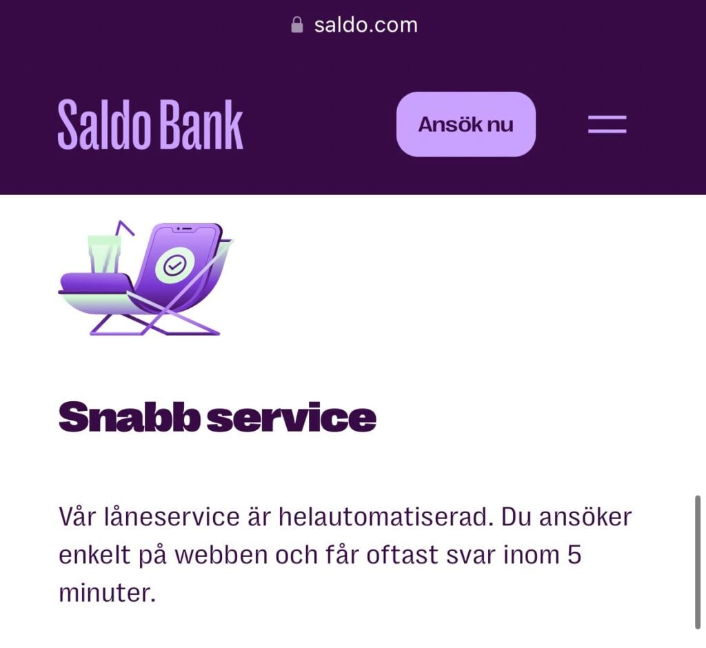 Swish lån direkt utbetalning hos Saldo