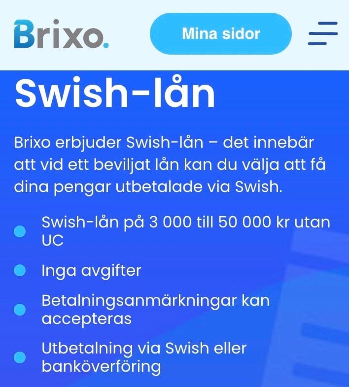 Swishlån hos Brixo från 3 000 kr till 50 000 kr