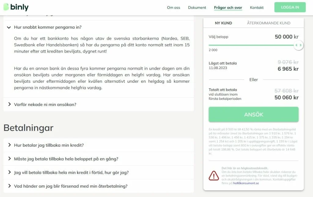 Binly erbjuder kontokredit dygnet runt.