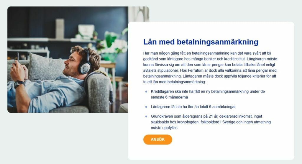 Ferratum erbjuder sms-lån med direktutbetalning till SEB, trots att du har betalningsanmärkningar.