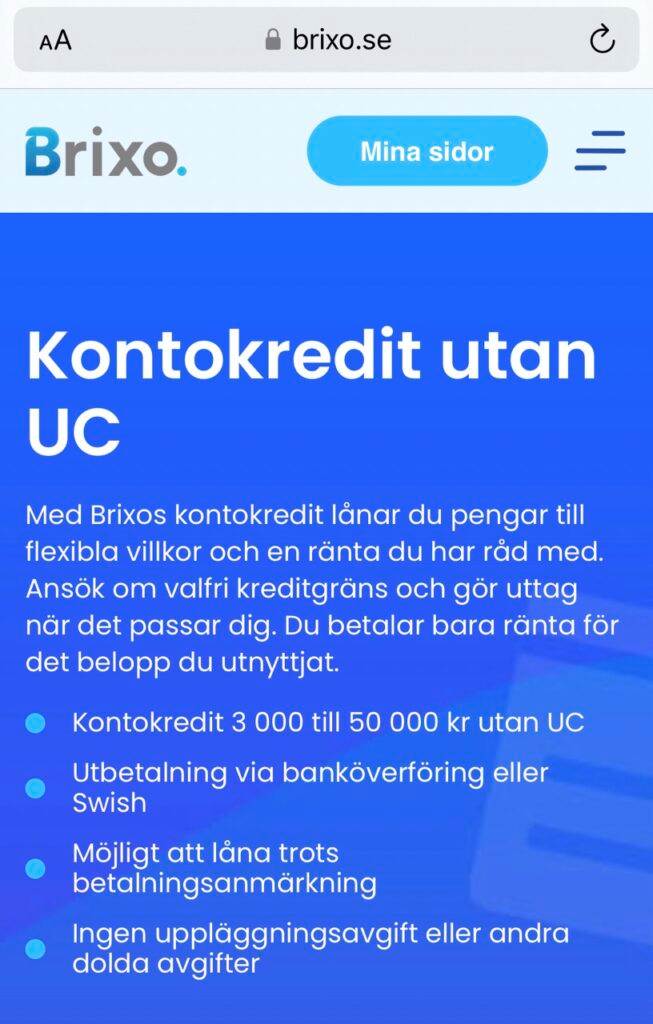 Kontokredit lån med betalningsanmärkning via Brixo
