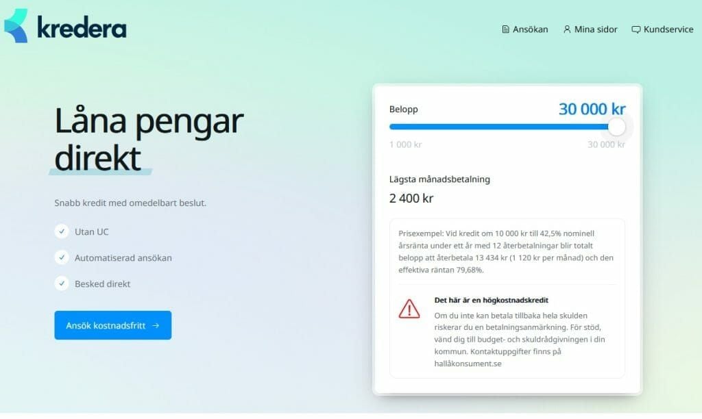 Lån med låga krav: Skärmdump från Kredera med låneinformation