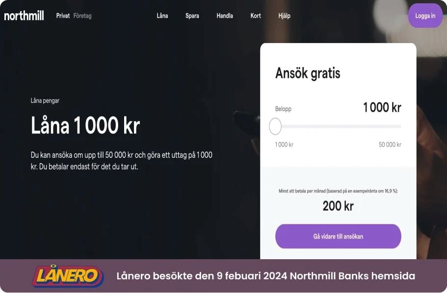 Låna 1000 kr hos Northmill Bank