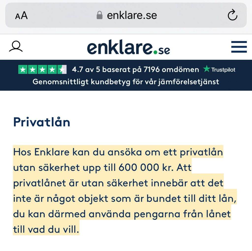 Låna 600 000 kr utan säkerhet hos Enklare
