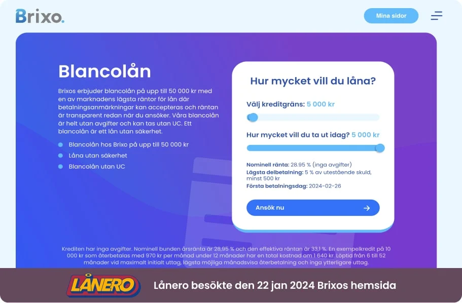 Lånero besöker Brixos hemsida och hittar blancolån utan säkerhet från 3 000 till 50 000 kr, med en ränta på 28,95% och minsta delbetalning på 5% av skulden (minst 500 kr), utan UC.