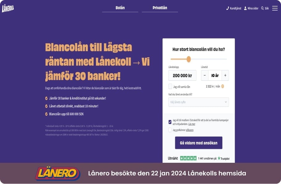 Lånero besöker Lånekolls hemsida och upptäcker 30 bankjämförelser på 60 sekunder, gratis hjälp för bästa blancolånet, snabb 18-minuters utbetalning och upp till 600 000 SEK i blancolån