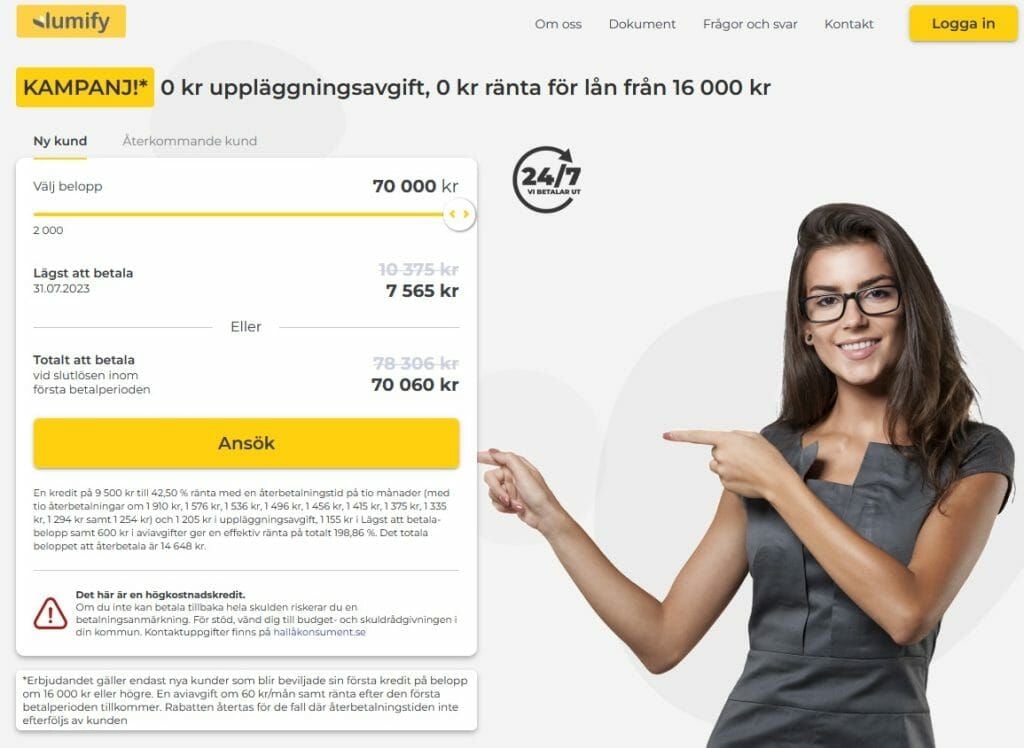 Lumify erbjuder 70 000 kr som snabblån till SEB.