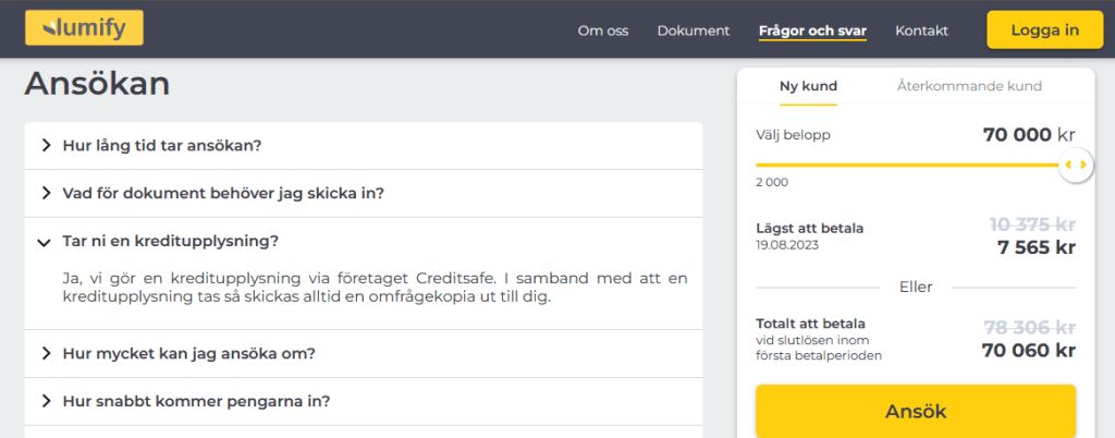 Lumify erbjuder upp till 70 000 kr utan UC i lån med sjukersättning som inkomst.