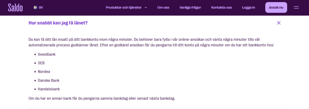 Saldo erbjuder lån med direktutbetalning till Danske Bank på natten.