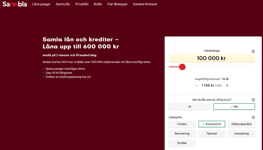 Hos Sambla kan du hitta lån på 100 000 kr.