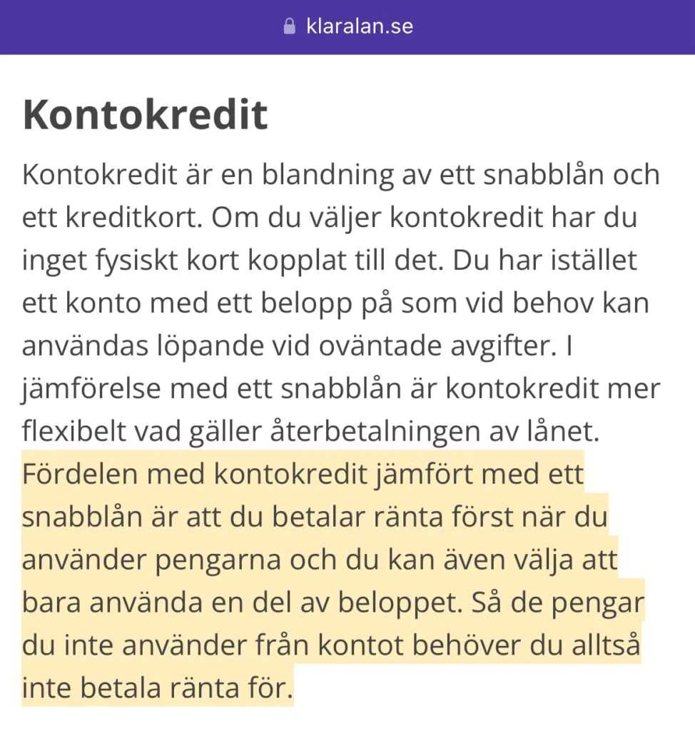 Vad kontokredit innebär på Klara Låns hemsida