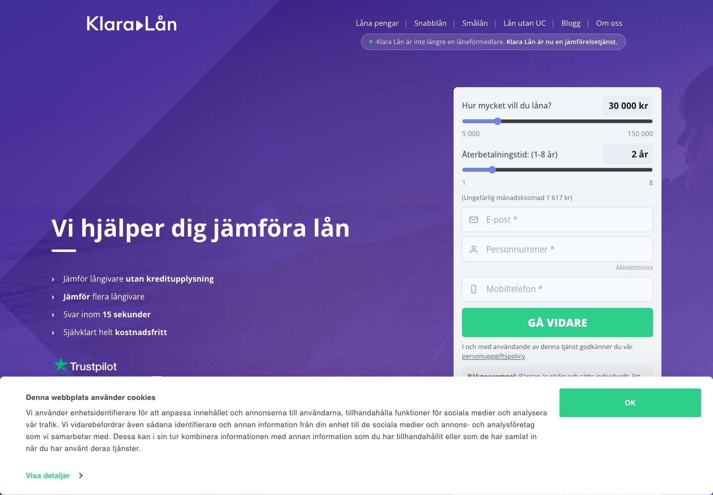 Klara Lån – webbplatsen den 9 september 2026