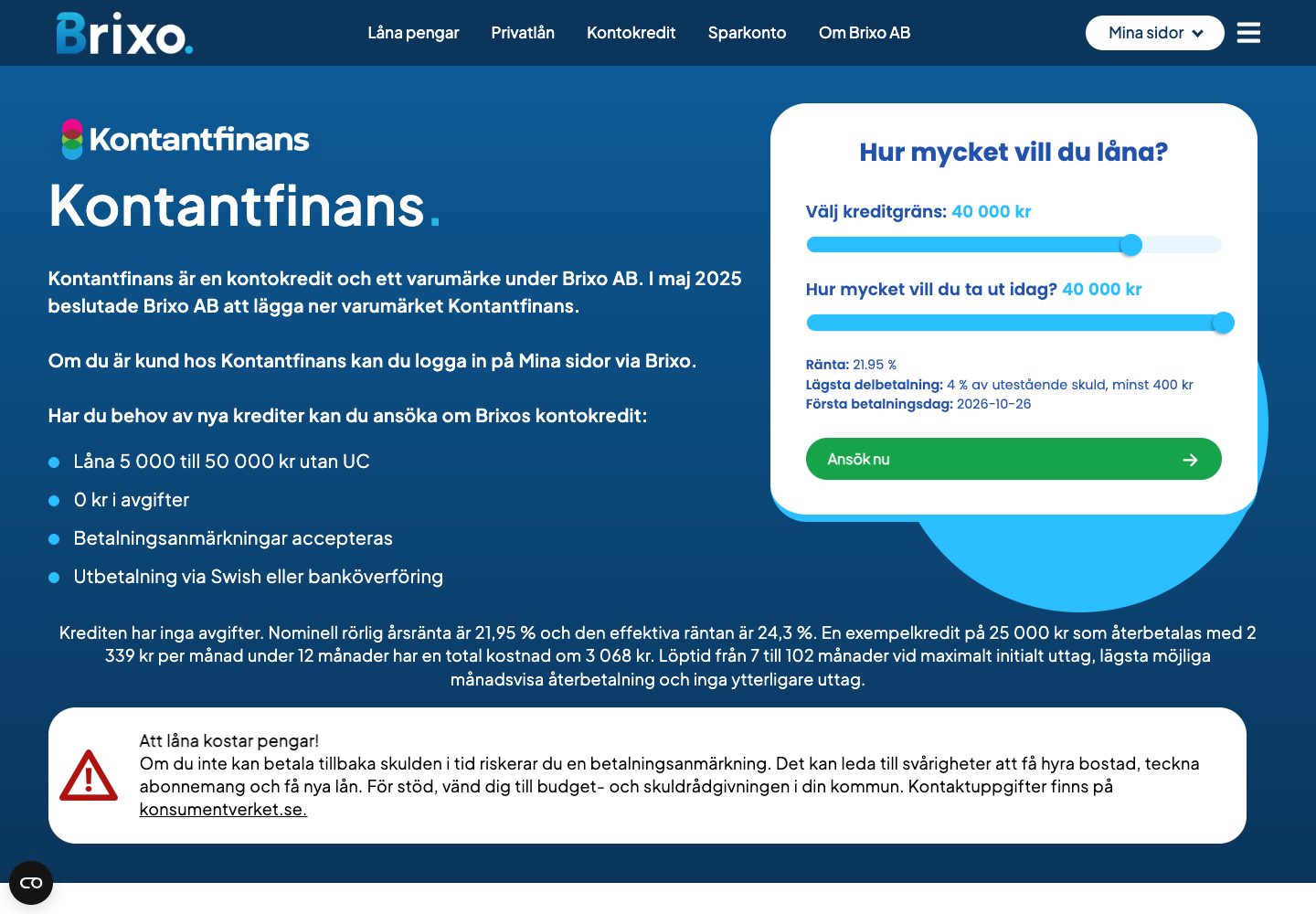 Brixos information om Kontantfinans – webbplatsen den 9 september 2026