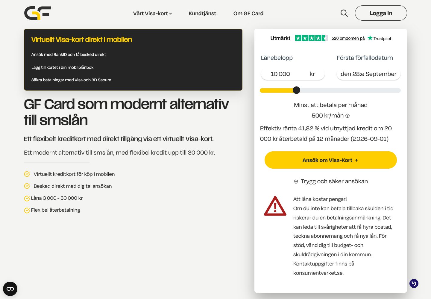 GF Cards information om SMSPengar – webbplatsen den 9 september 2026